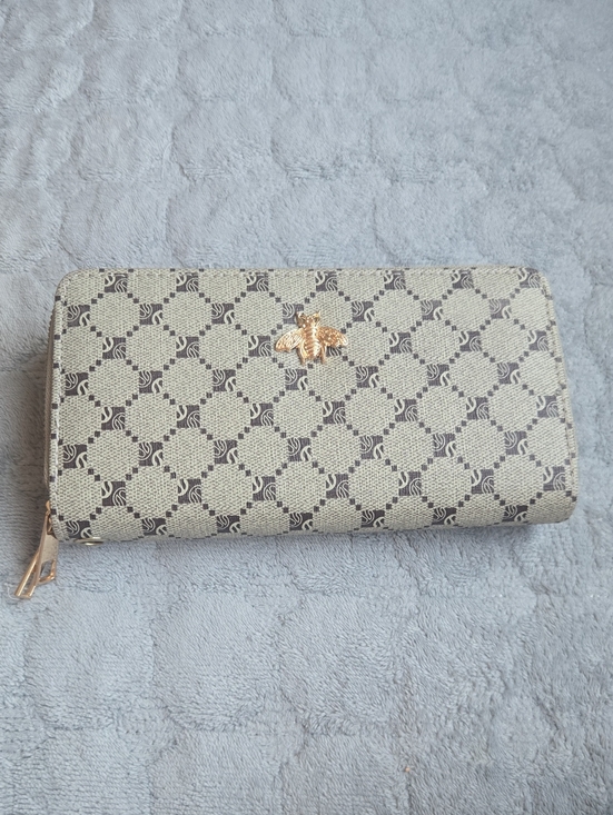 Handbags - Beige Patterned Zip-Around Wallet with Gold Bee Accent